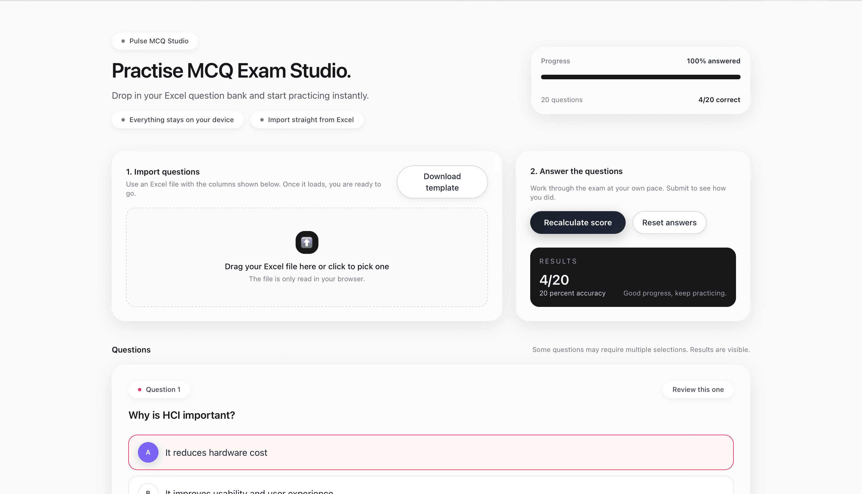 Pulse MCQ Studio practice exam interface